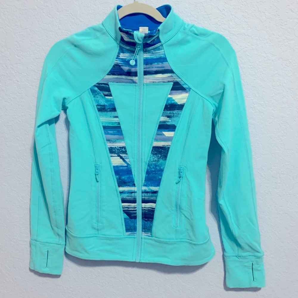Ivivva Girls Aqua Turquoise Zip-Up Hoodie with Blue Print